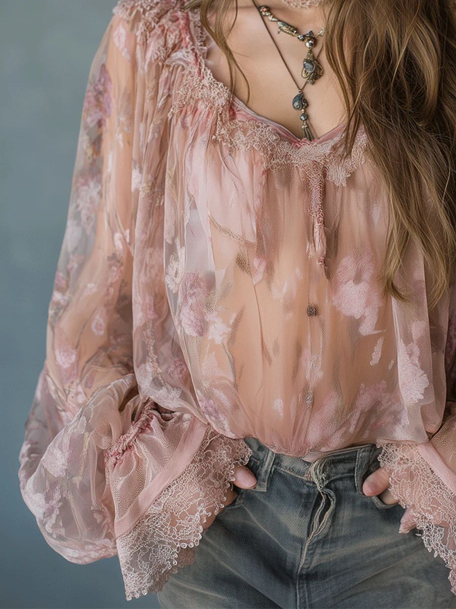 Romantic Pink Boho Sheer Floral Lace Blouse - Image 3