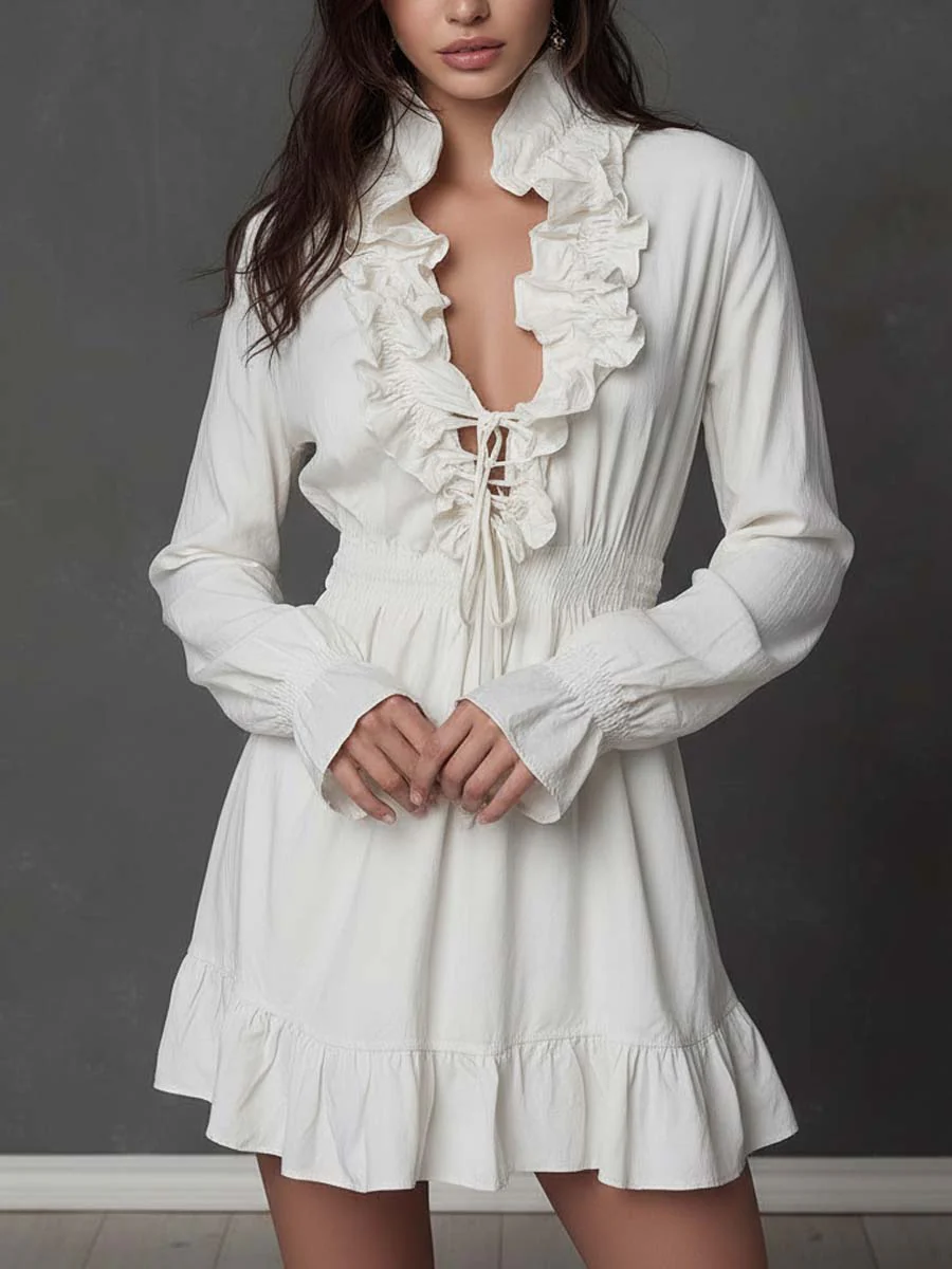 Romantic Ruffled Lace-Up Mini Dress - Image 3