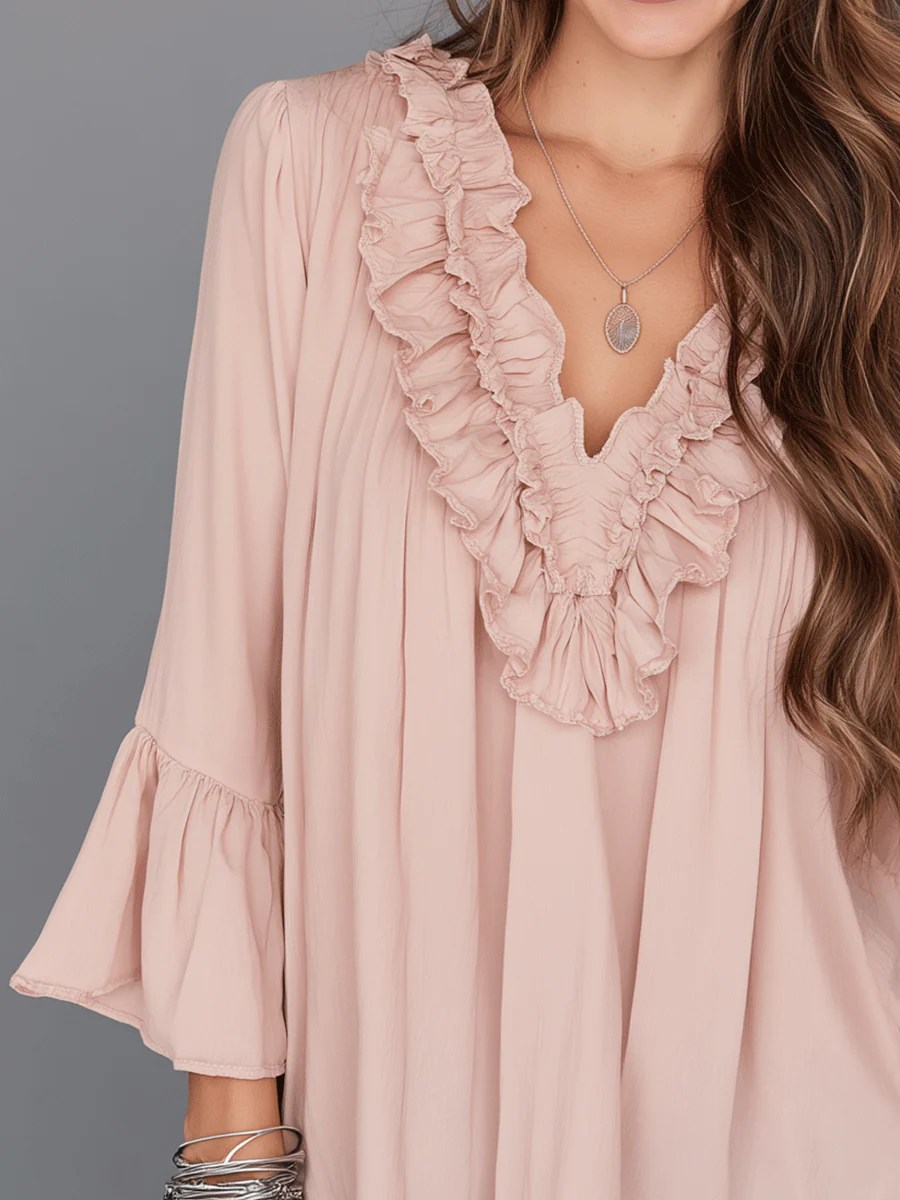 Romantic Soft Ruffle V-Neck Boho Blouse - Image 2