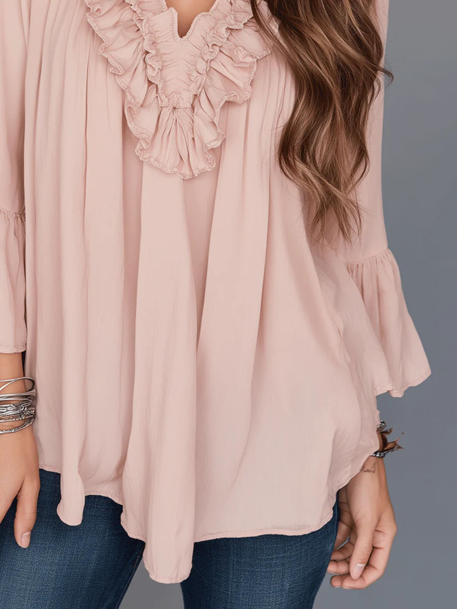 Romantic Soft Ruffle V-Neck Boho Blouse - Image 3