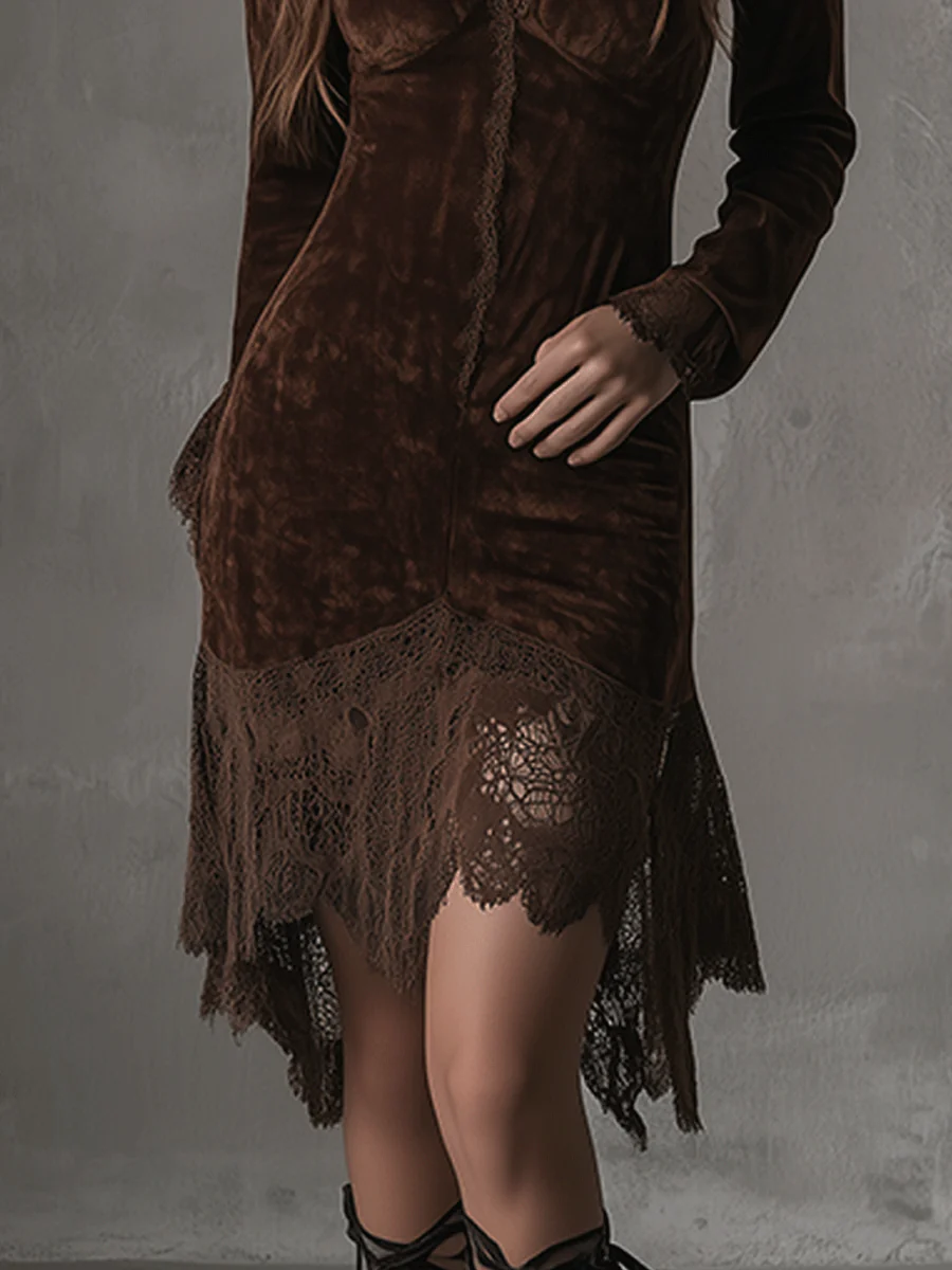 Romantic Velvet Lace Asymmetrical Hem Midi Dress - Image 2