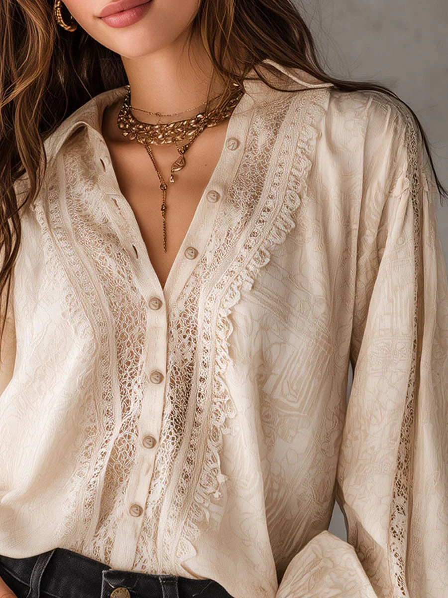 Romantic Victorian-Inspired Cream Print Lace Blouse - Image 2