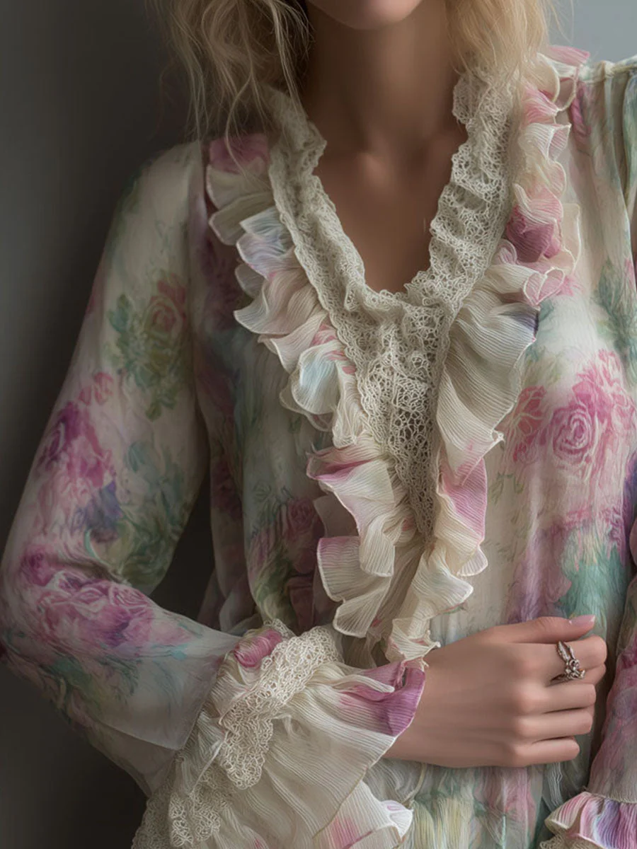 Romantic Vintage Floral Ruffled Chiffon Blouse With Lace Trim - Image 2