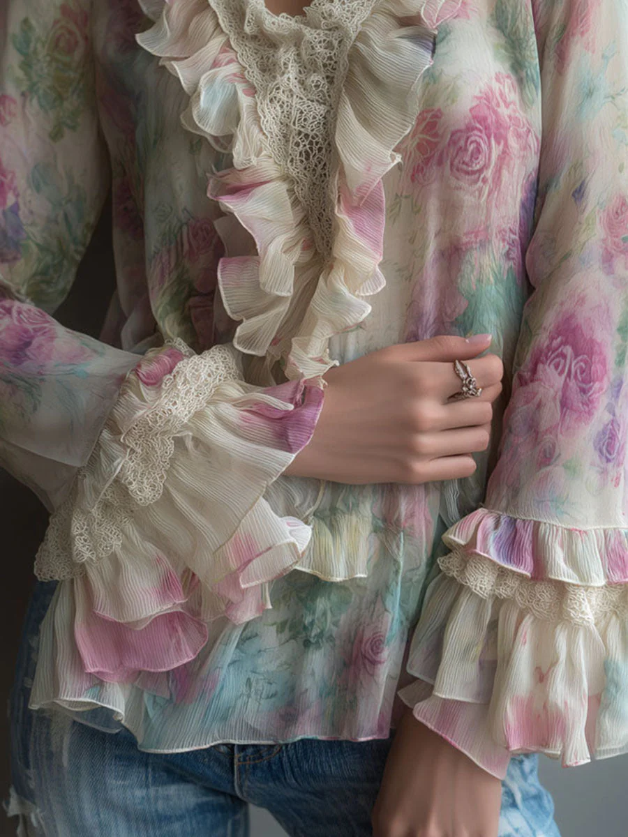 Romantic Vintage Floral Ruffled Chiffon Blouse With Lace Trim - Image 3