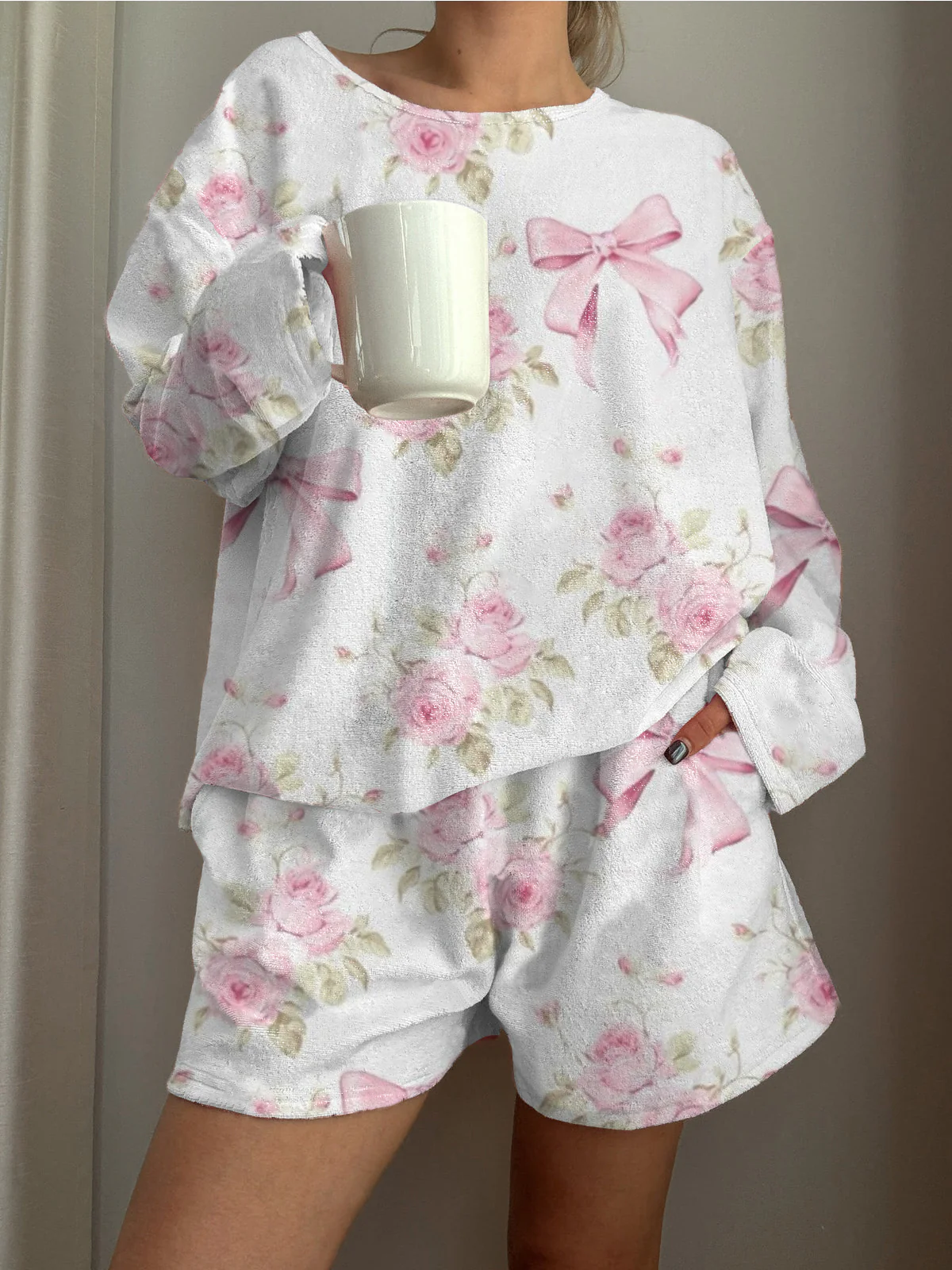 Rose Bow Printed Long-Sleeved Shorts Loungewear Set - Image 2