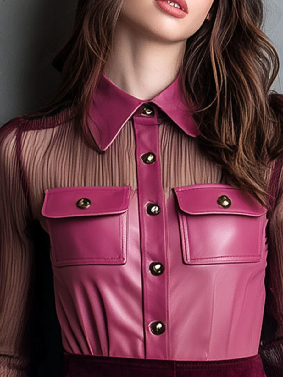 Rose Pink Eco Leather & Sheer Mesh Blouse With Pockets - Image 2