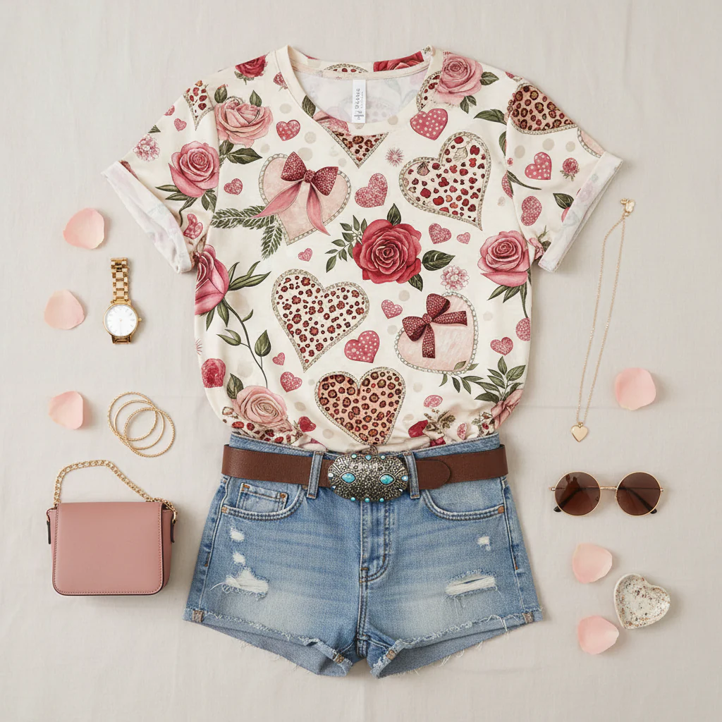 Roses & Hearts Print Short Sleeve T-Shirt - Romantic Valentine's Edition