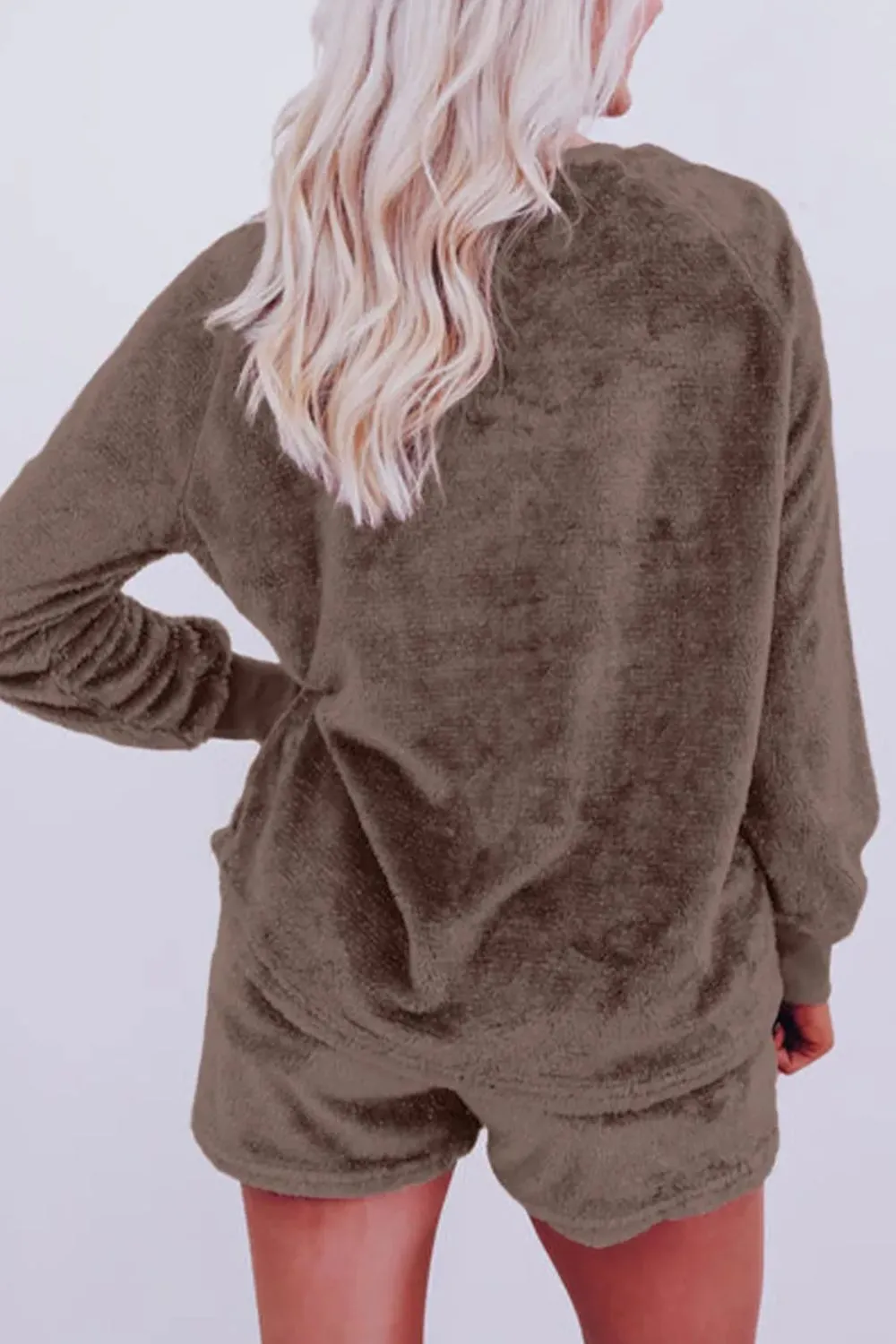 Round Neck Long Sleeve Top and Shorts Lounge Set - Image 2