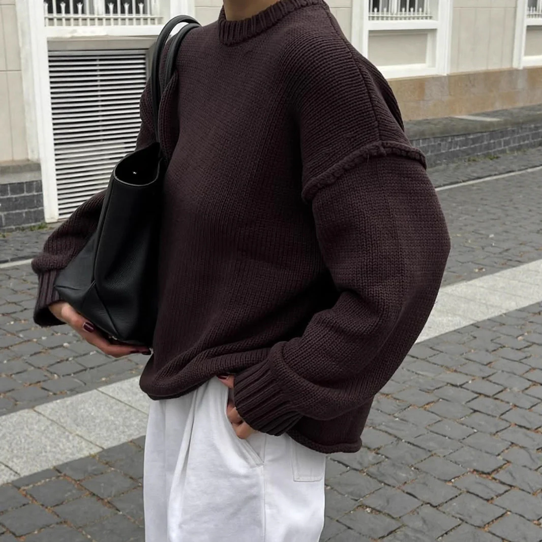 Round Neck Reverse Solid Color Casual Knitted Top