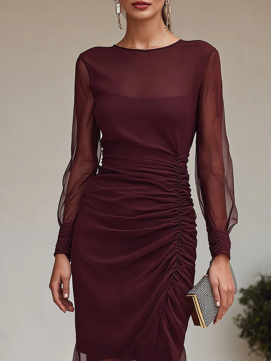 Ruched Sheer Long Sleeve Asymmetric Midi Dress - Image 3