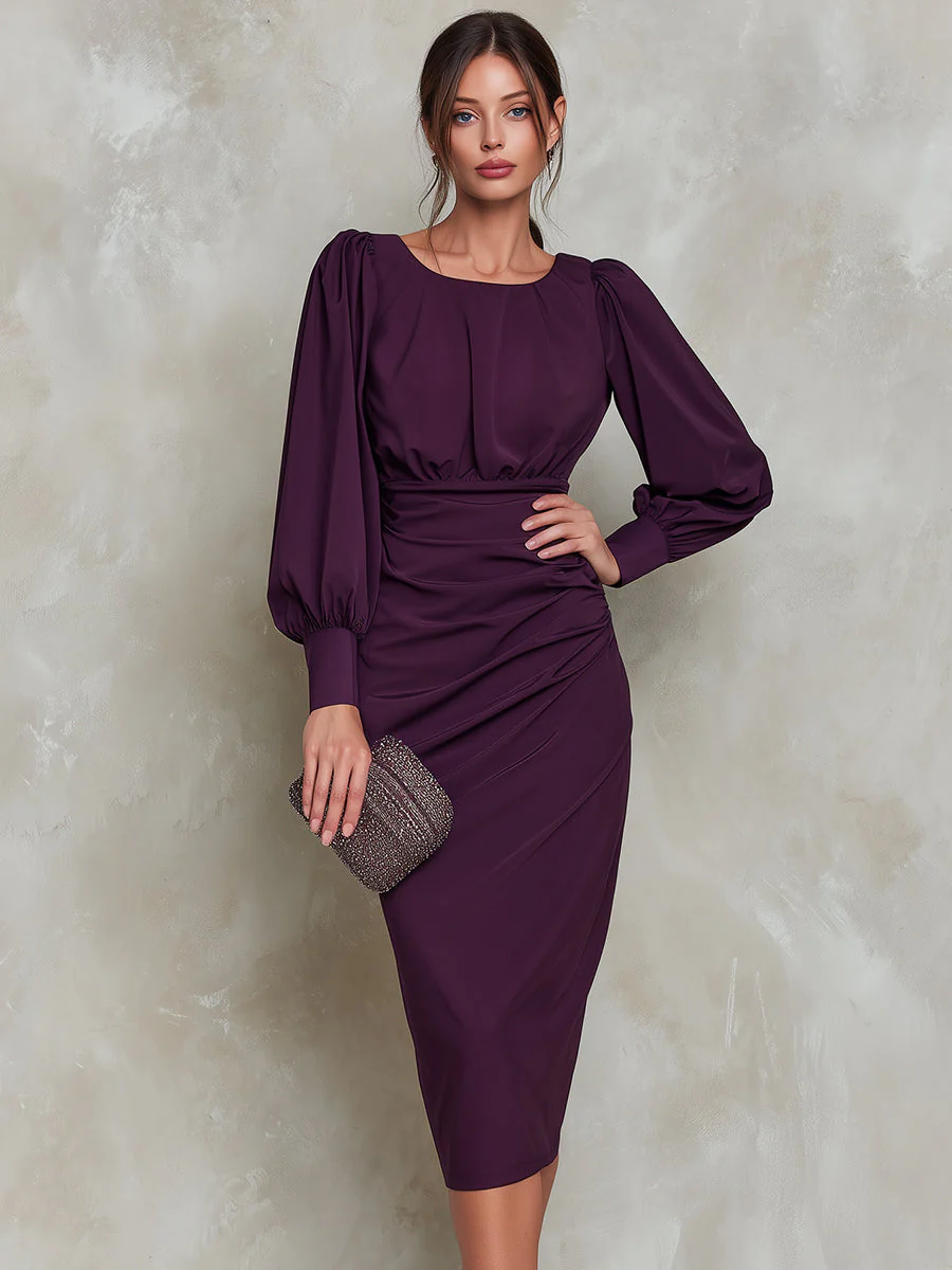 Ruched Waist Puff Sleeve Midi Dress - Image 2