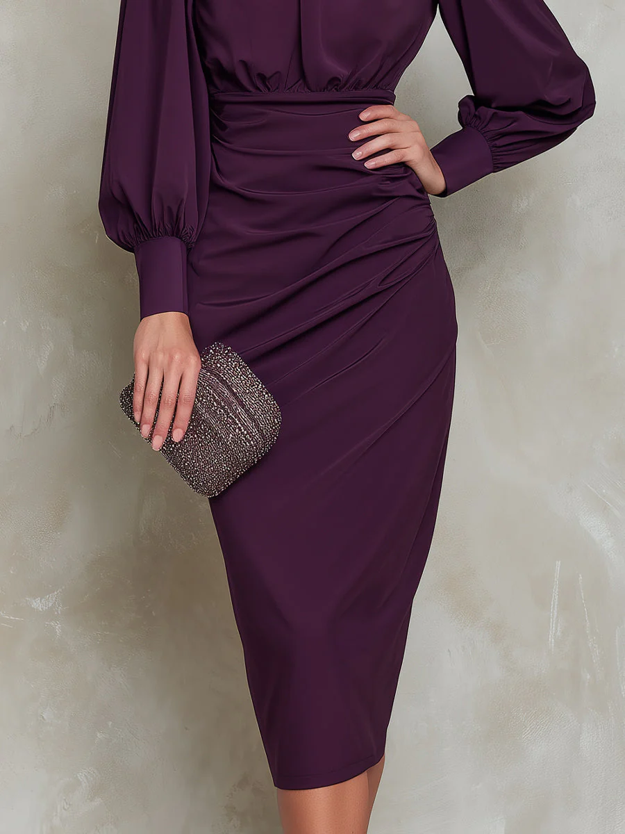Ruched Waist Puff Sleeve Midi Dress - Image 4