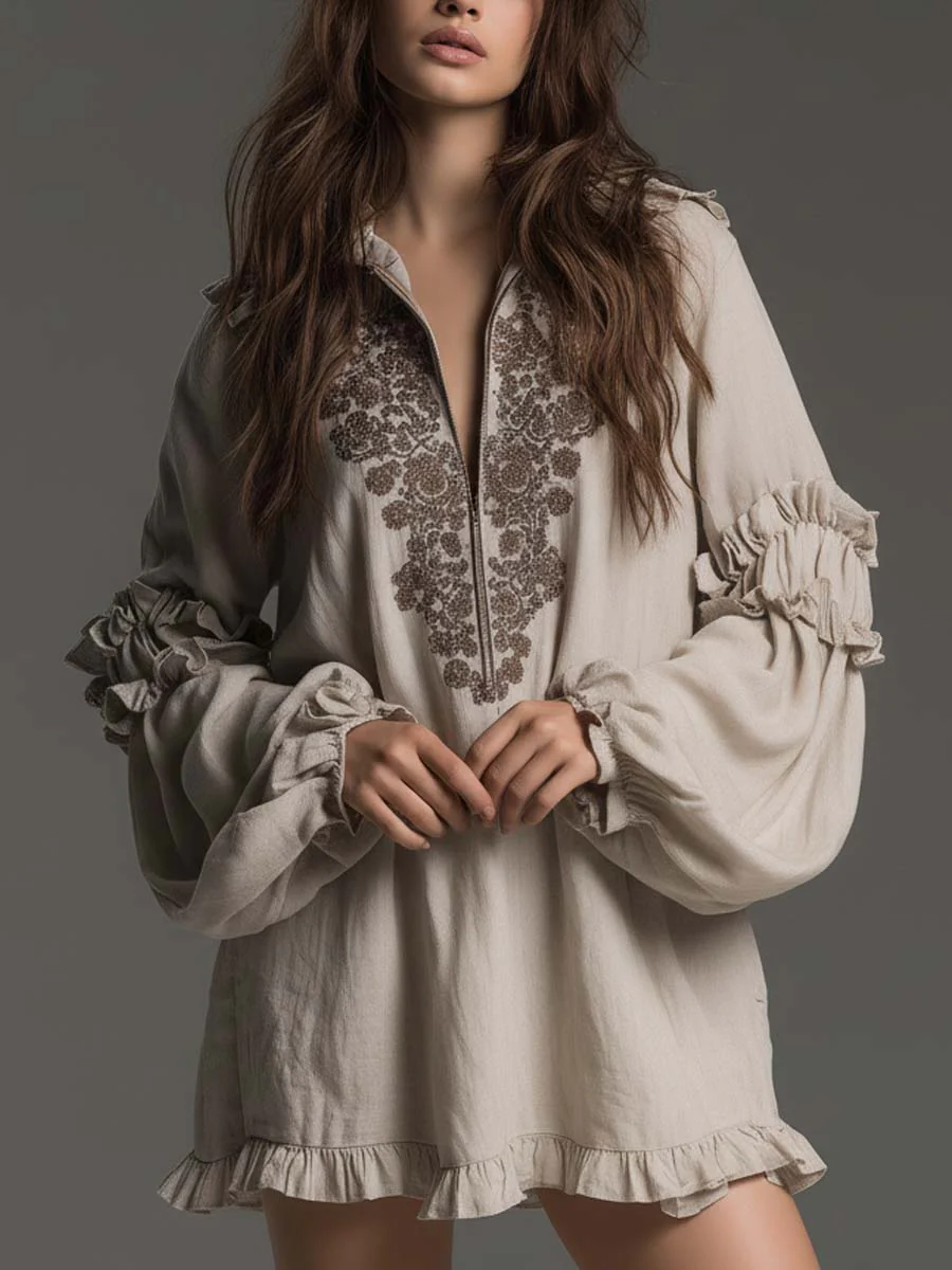 Ruffled Embroidered Boho Mini Dress - Image 2