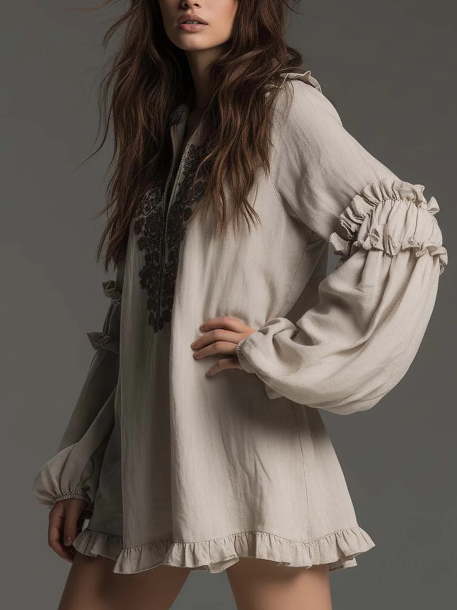 Ruffled Embroidered Boho Mini Dress - Image 3