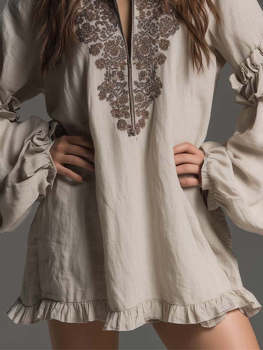Ruffled Embroidered Boho Mini Dress - Image 6