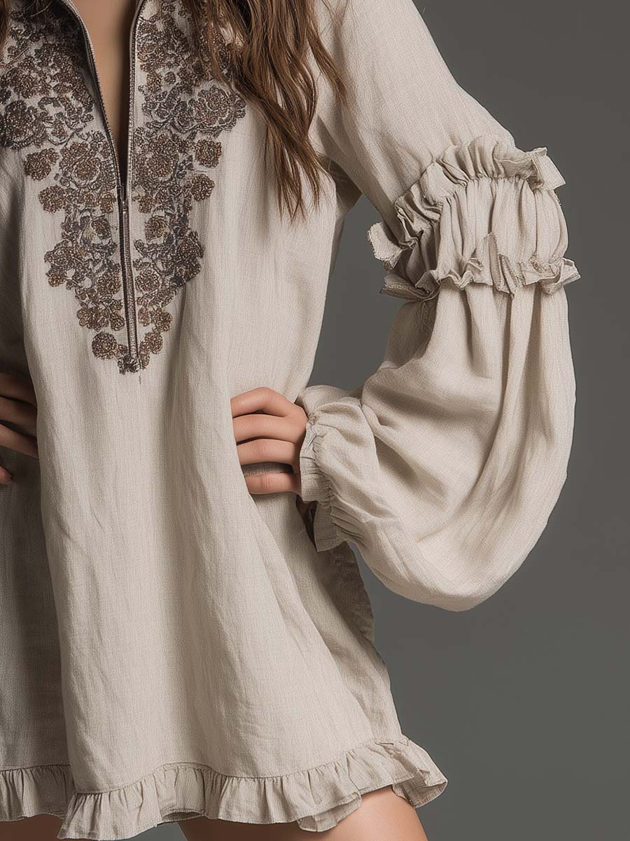 Ruffled Embroidered Boho Mini Dress - Image 7