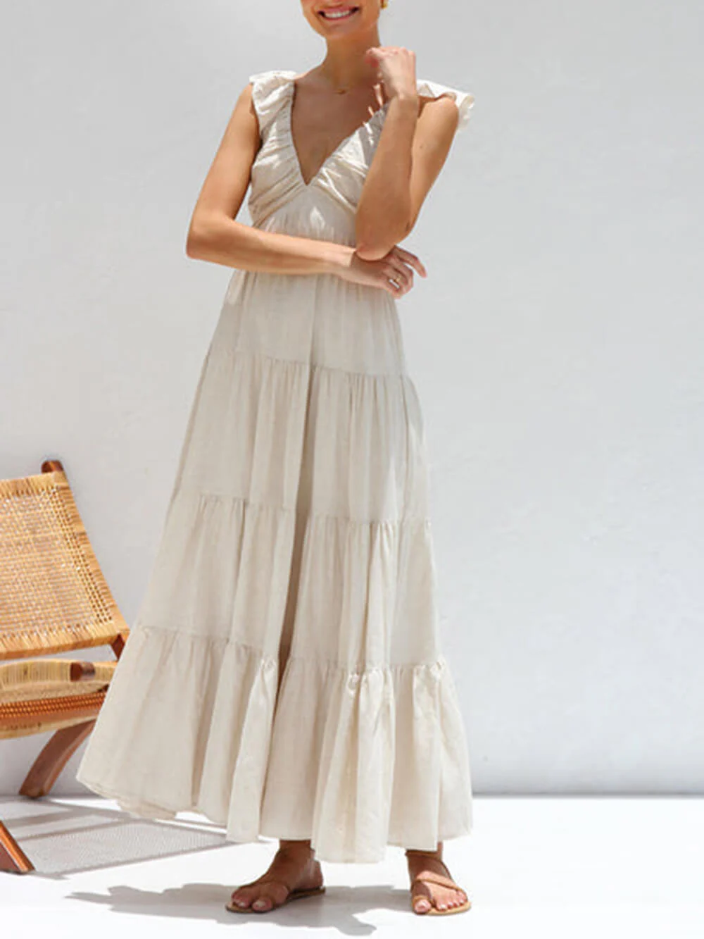 Ruffled Flying Sleeves Smocked Back Tiered Vacation Maxi Dress - Image 4