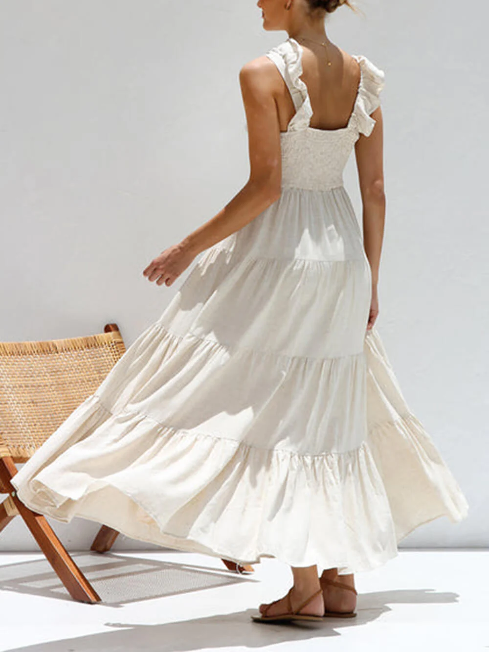 Ruffled Flying Sleeves Smocked Back Tiered Vacation Maxi Dress - Image 5
