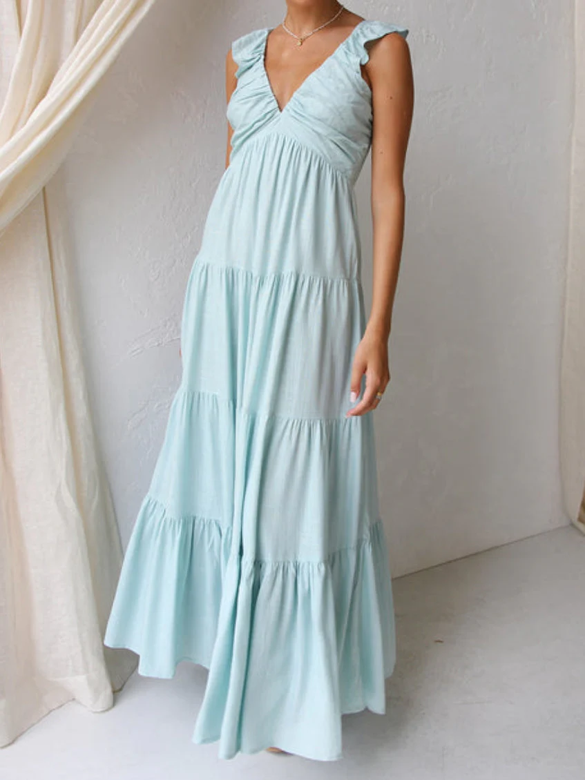 Ruffled Flying Sleeves Smocked Back Tiered Vacation Maxi Dress - Image 6