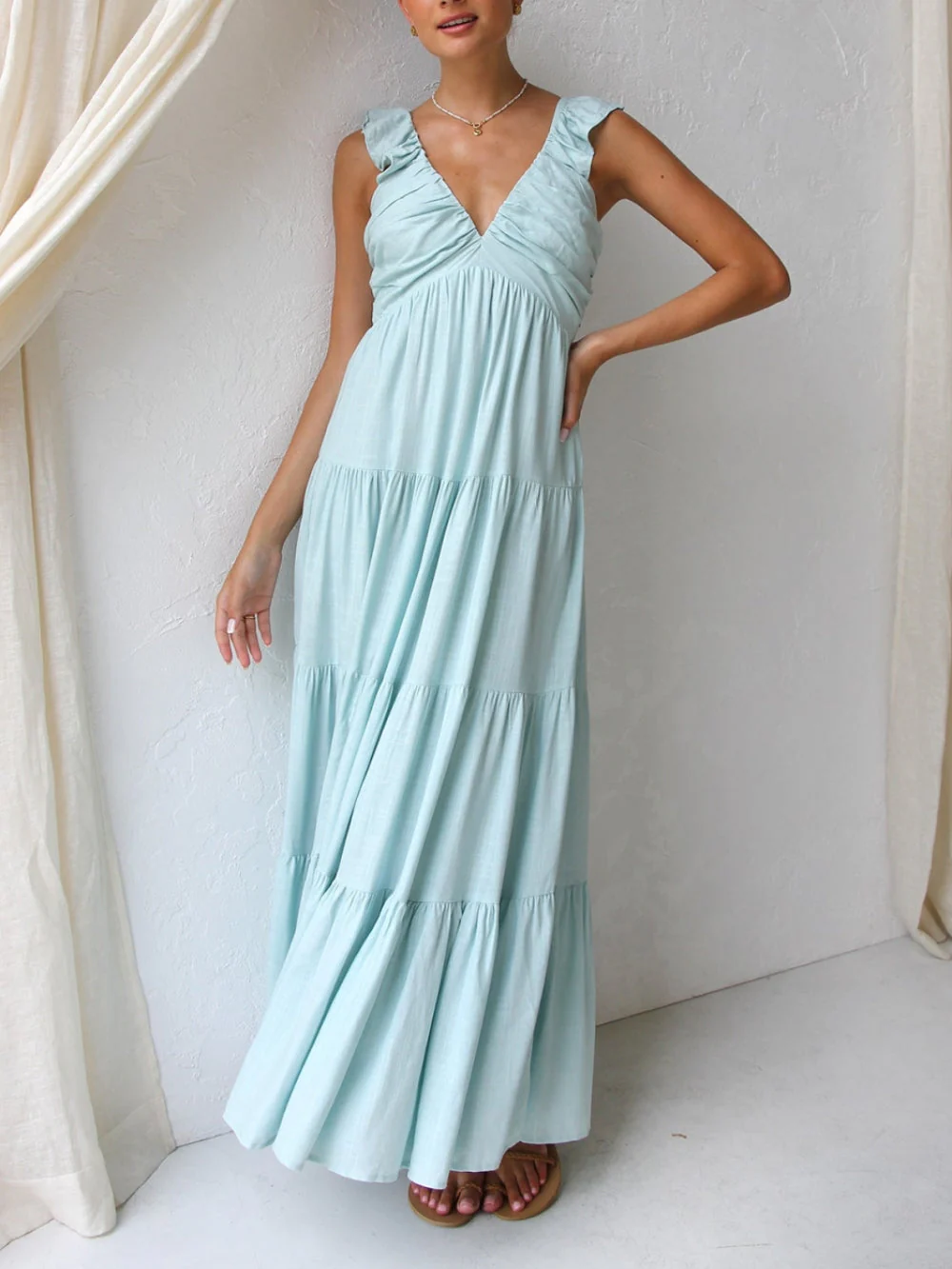Ruffled Flying Sleeves Smocked Back Tiered Vacation Maxi Dress - Image 7