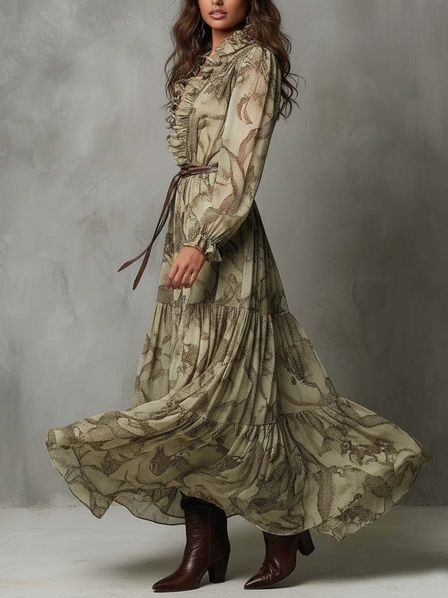 Ruffled V-Neck Chiffon Maxi Dress – Desert Python Print - Image 2