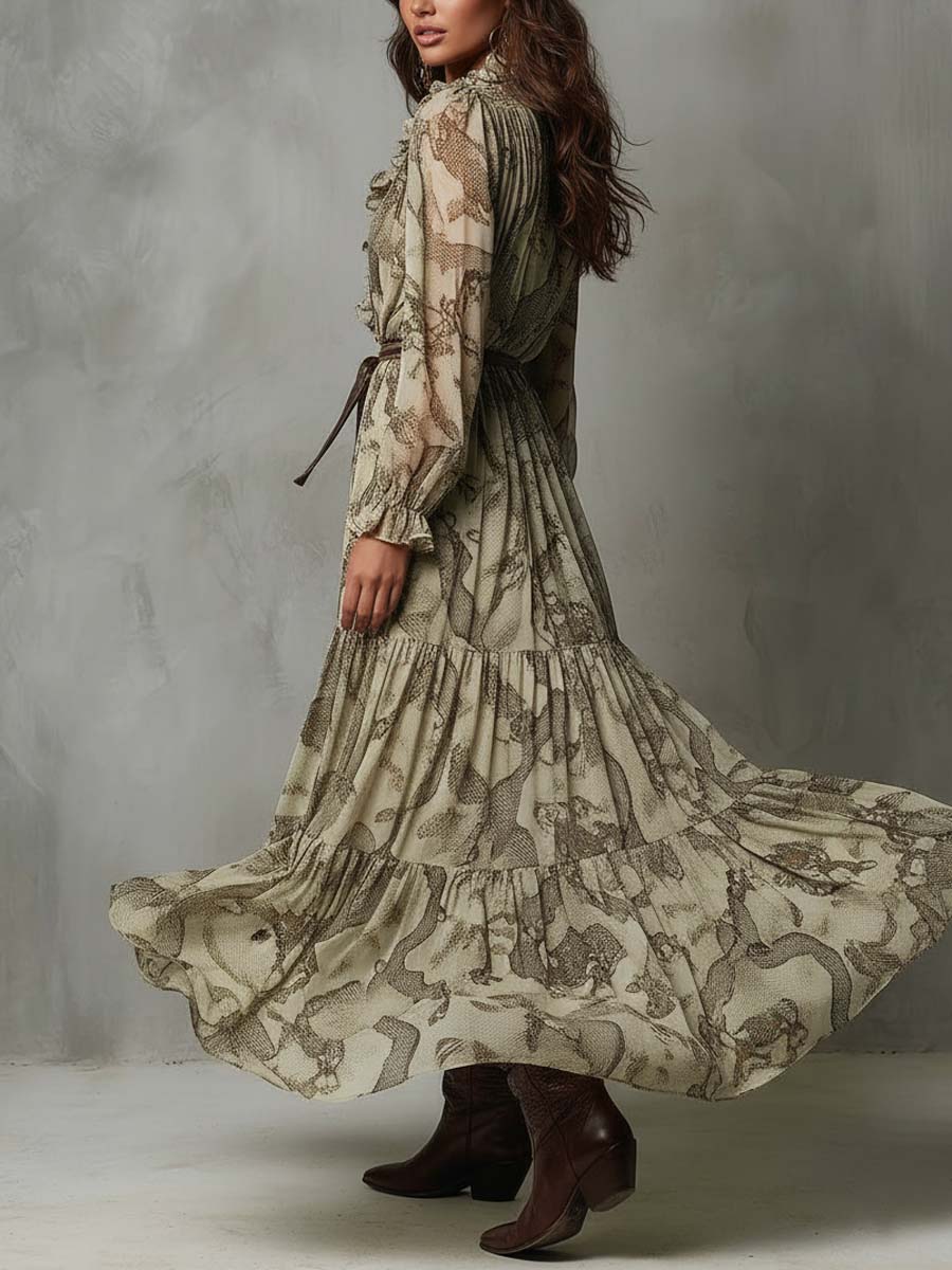 Ruffled V-Neck Chiffon Maxi Dress – Desert Python Print - Image 3