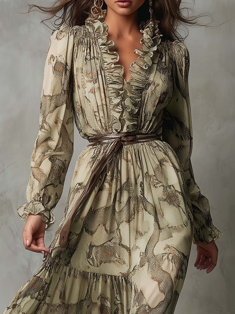 Ruffled V-Neck Chiffon Maxi Dress – Desert Python Print - Image 4