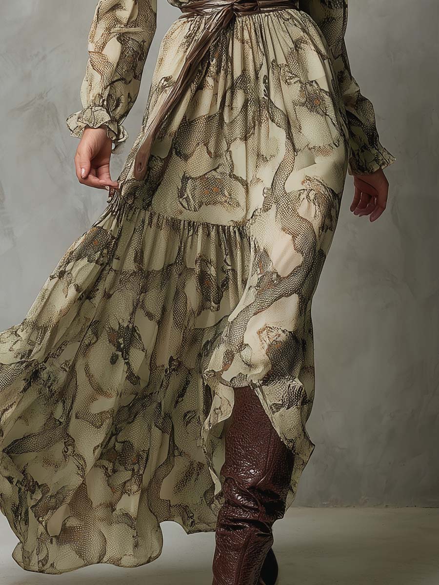 Ruffled V-Neck Chiffon Maxi Dress – Desert Python Print - Image 5