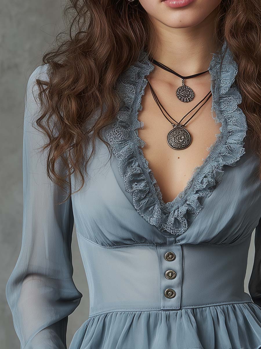 Ruffled V-Neck Chiffon Peplum Blouse - Image 2