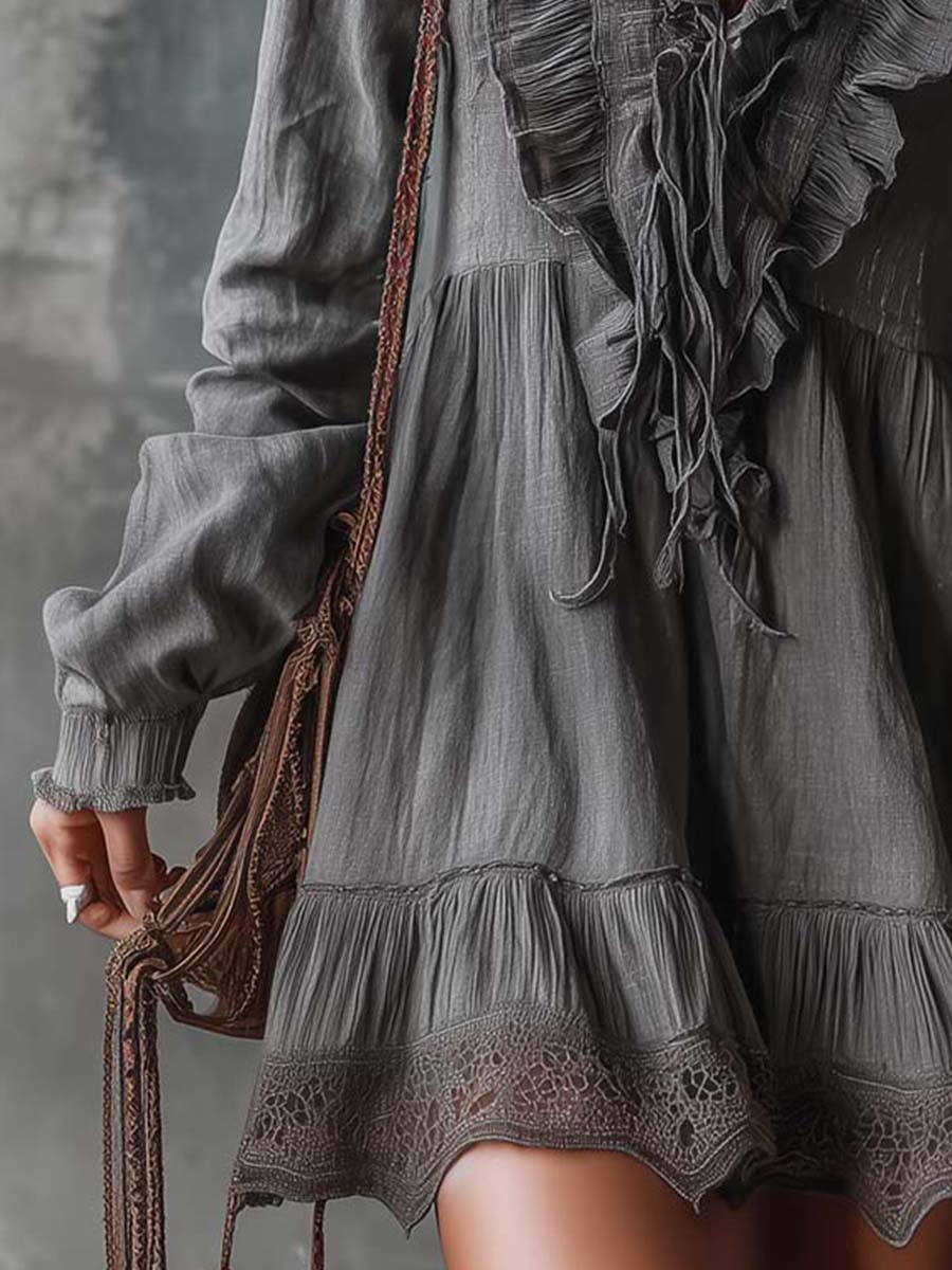 Ruffled V-Neck Cotton-Linen Mini Dress - Image 3