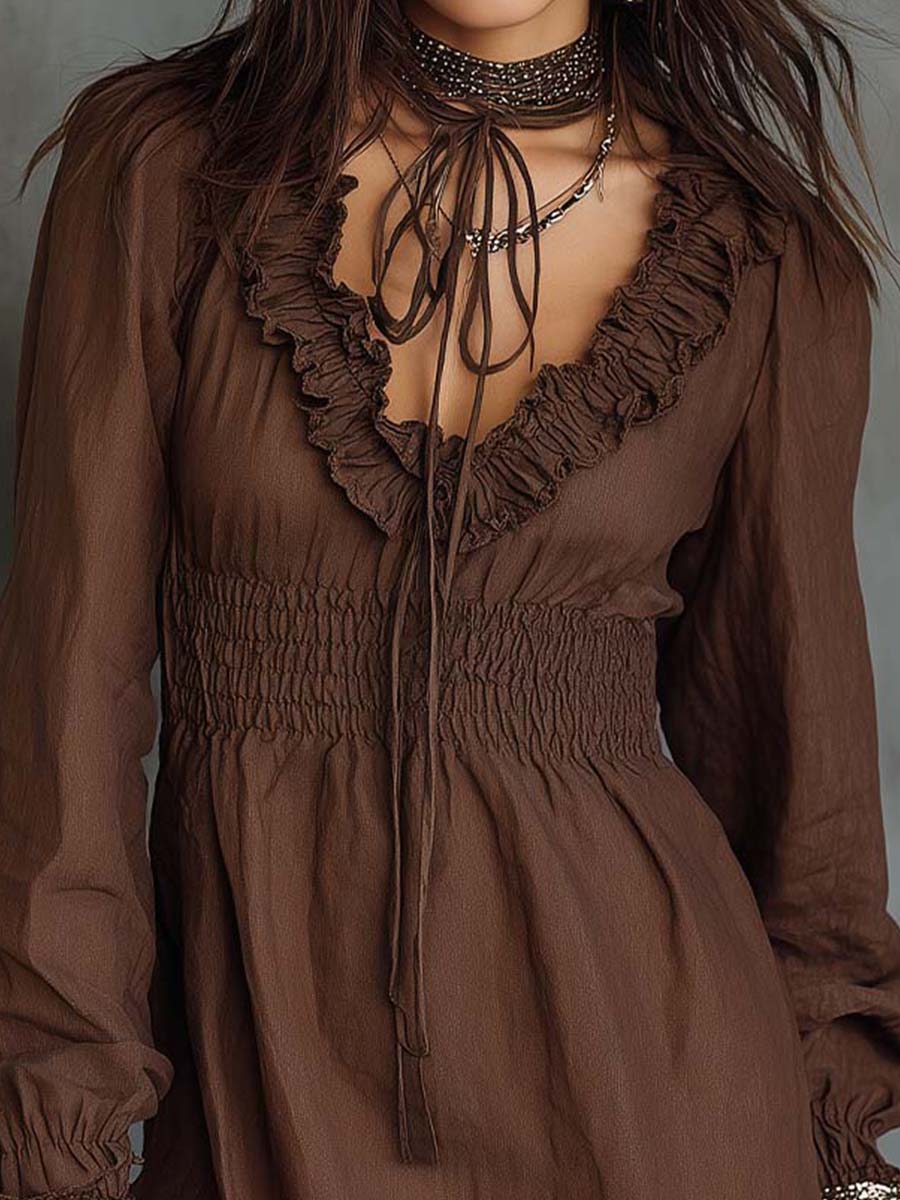 Ruffled V-Neck Mini Dress With Smocked Waist And Lace Hem - Image 2