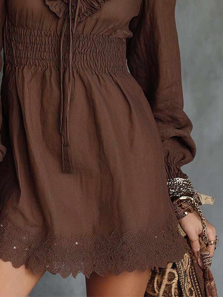 Ruffled V-Neck Mini Dress With Smocked Waist And Lace Hem - Image 3