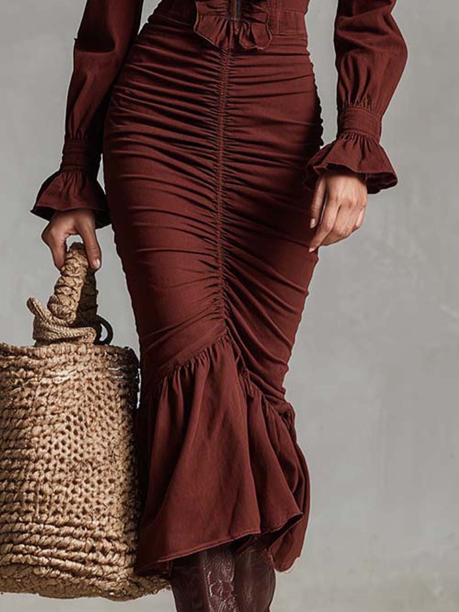 Ruffled Zip-Front Ruched Maxi Dress - Image 3