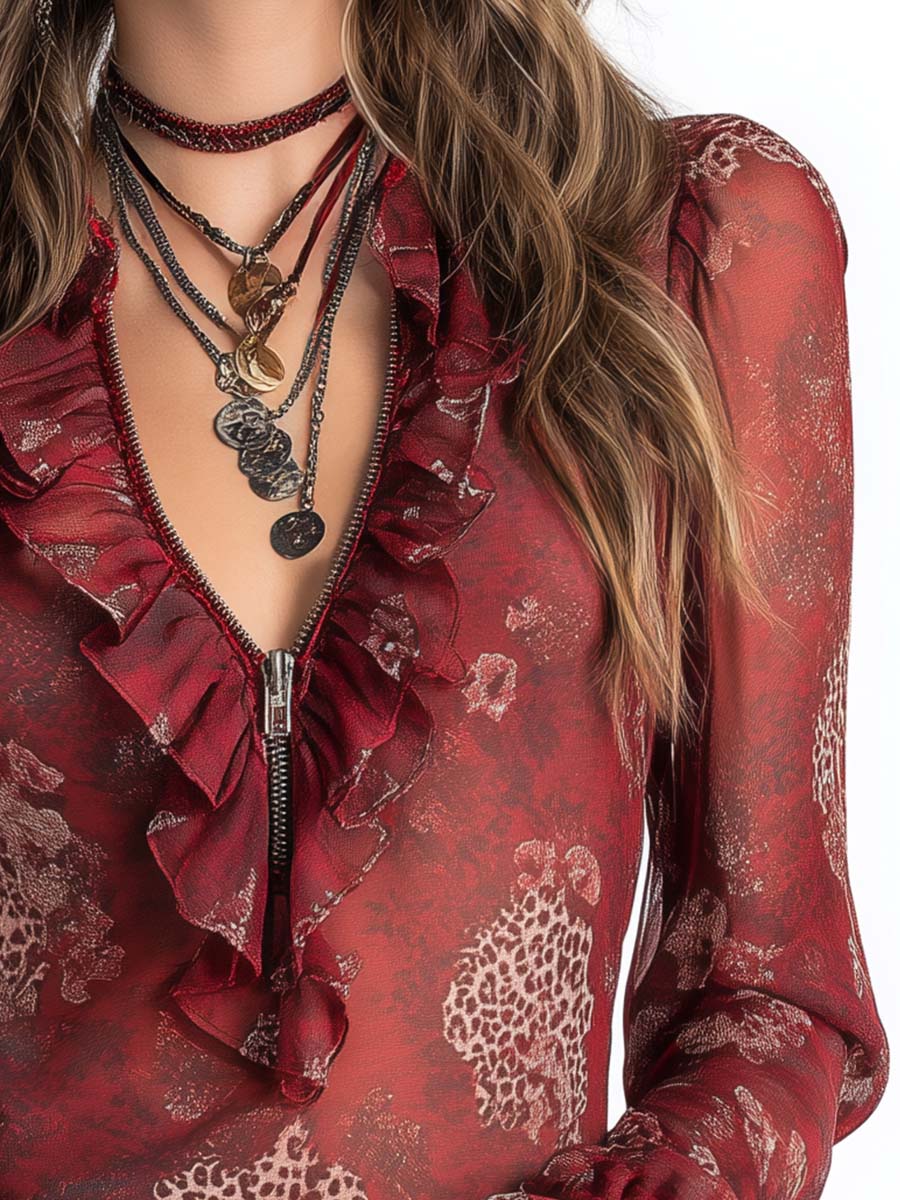 Ruffled Zip-Front Sheer Chiffon Blouse In Vintage Red - Image 3