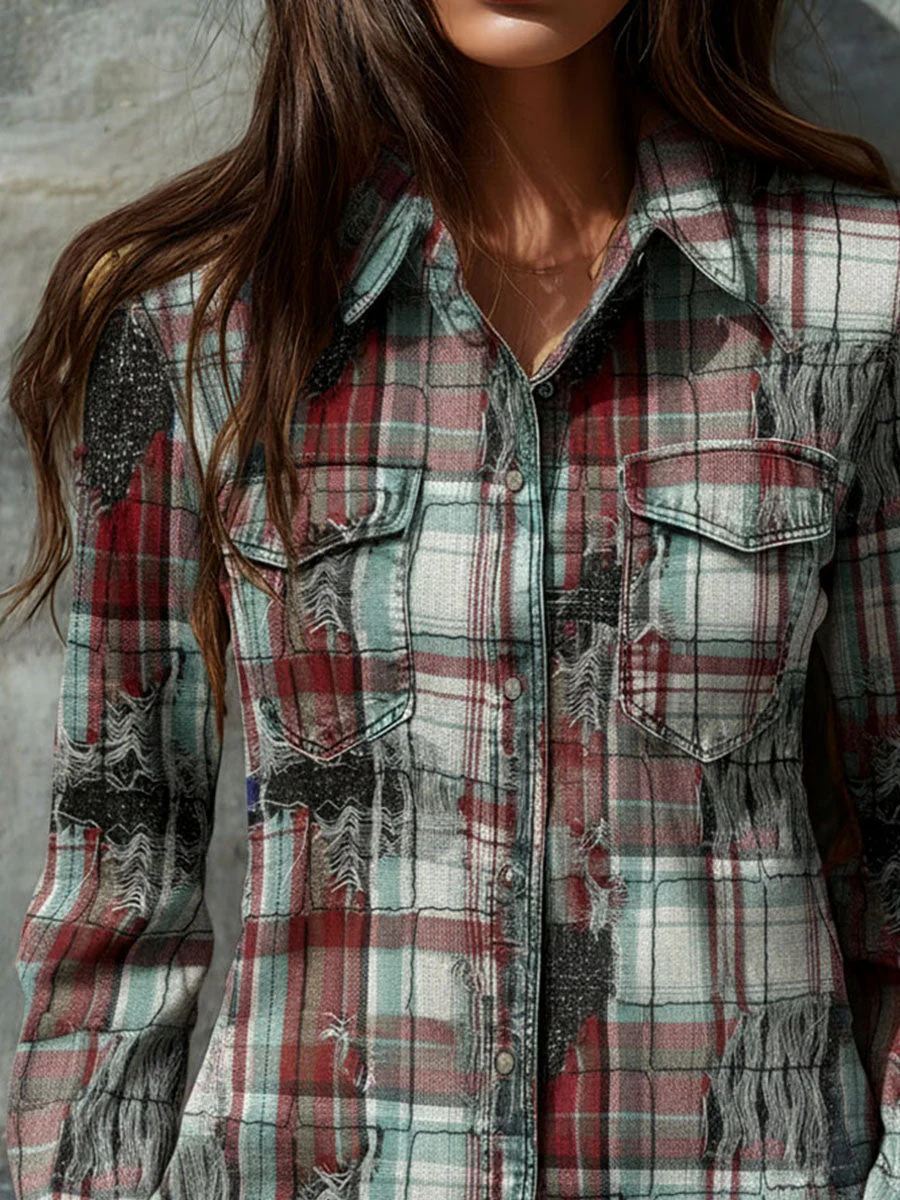 Rust And Teal Distressed Plaid Button-Up Shirt With Lurex Fabric - Image 2