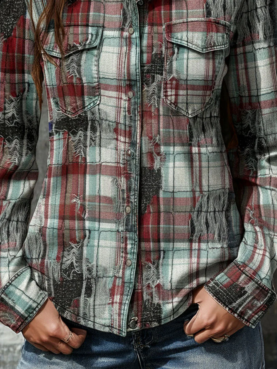 Rust And Teal Distressed Plaid Button-Up Shirt With Lurex Fabric - Image 3