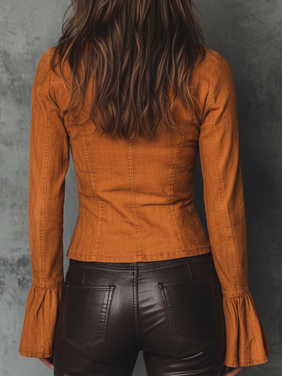 Rust Orange Washed Cotton Zip-Up Blouse With Flared Sleeves - Image 6