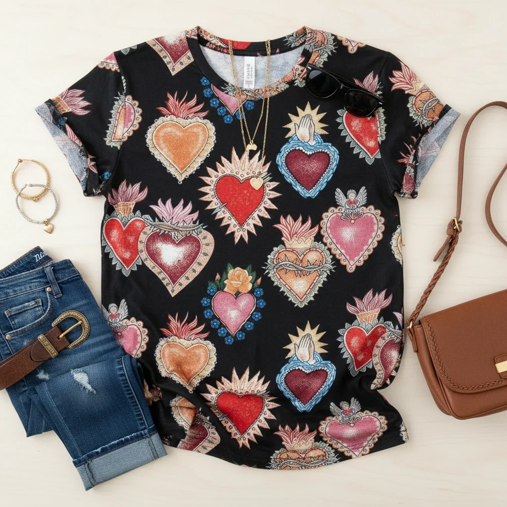 Sacred Hearts Print Short Sleeve T-Shirt - Valentine's Day Special Edition