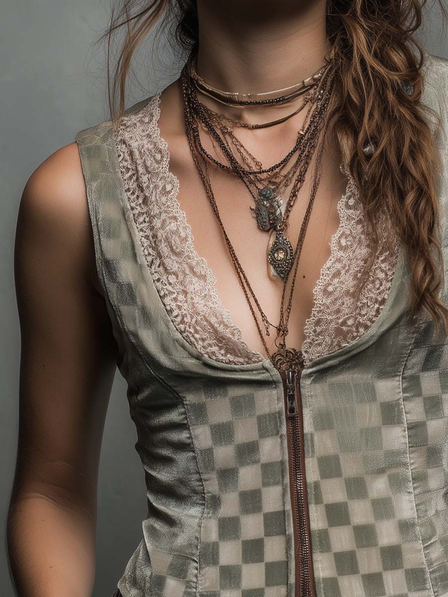 Sage Moss Check Zip-Front Lace-Trim Vest Top - Image 2