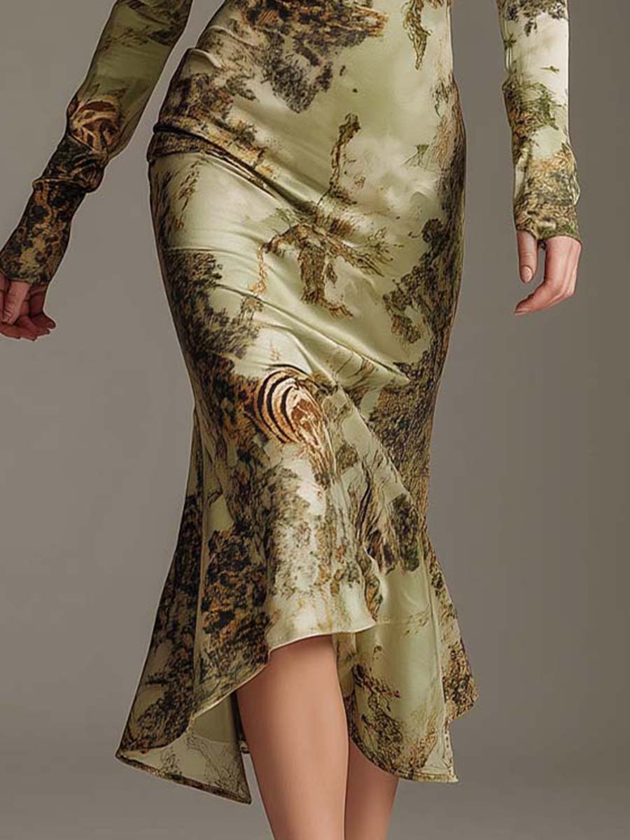 Sage Moss Printed Stretch Satin Midi Dress - Image 4