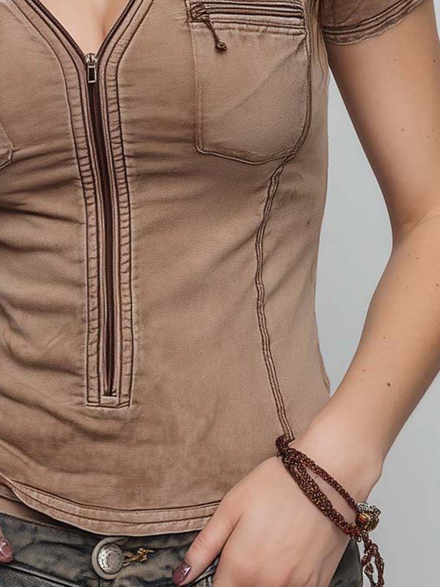 Sand Microsuede Utility Pocket Detail Zipper Slim Fit Top - Image 3