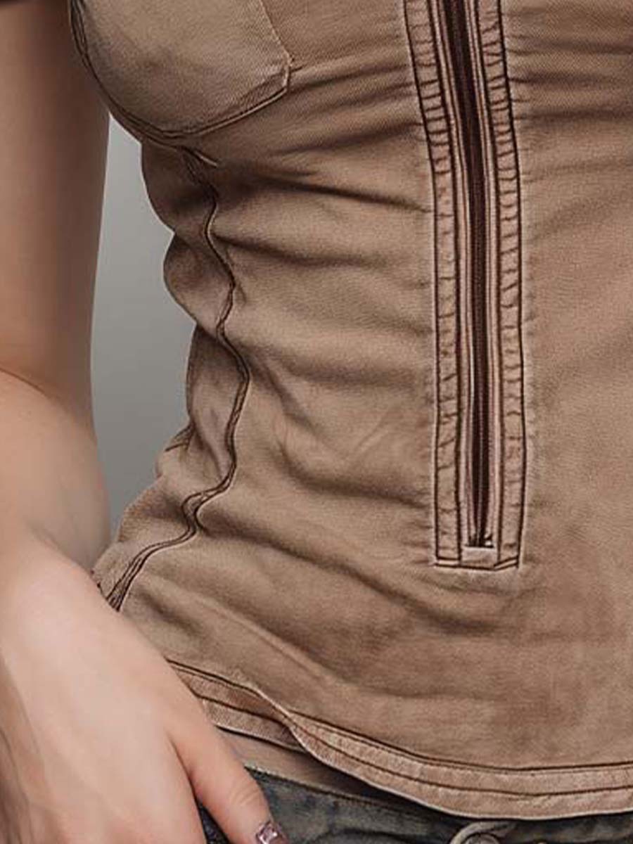 Sand Microsuede Utility Pocket Detail Zipper Slim Fit Top - Image 5