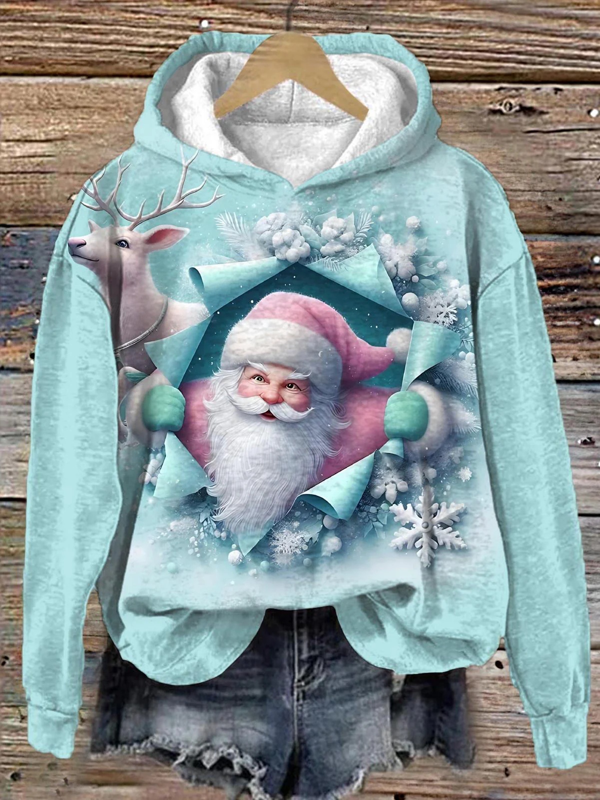 Santa Claus and Elk Long Sleeve Printed Hoodie