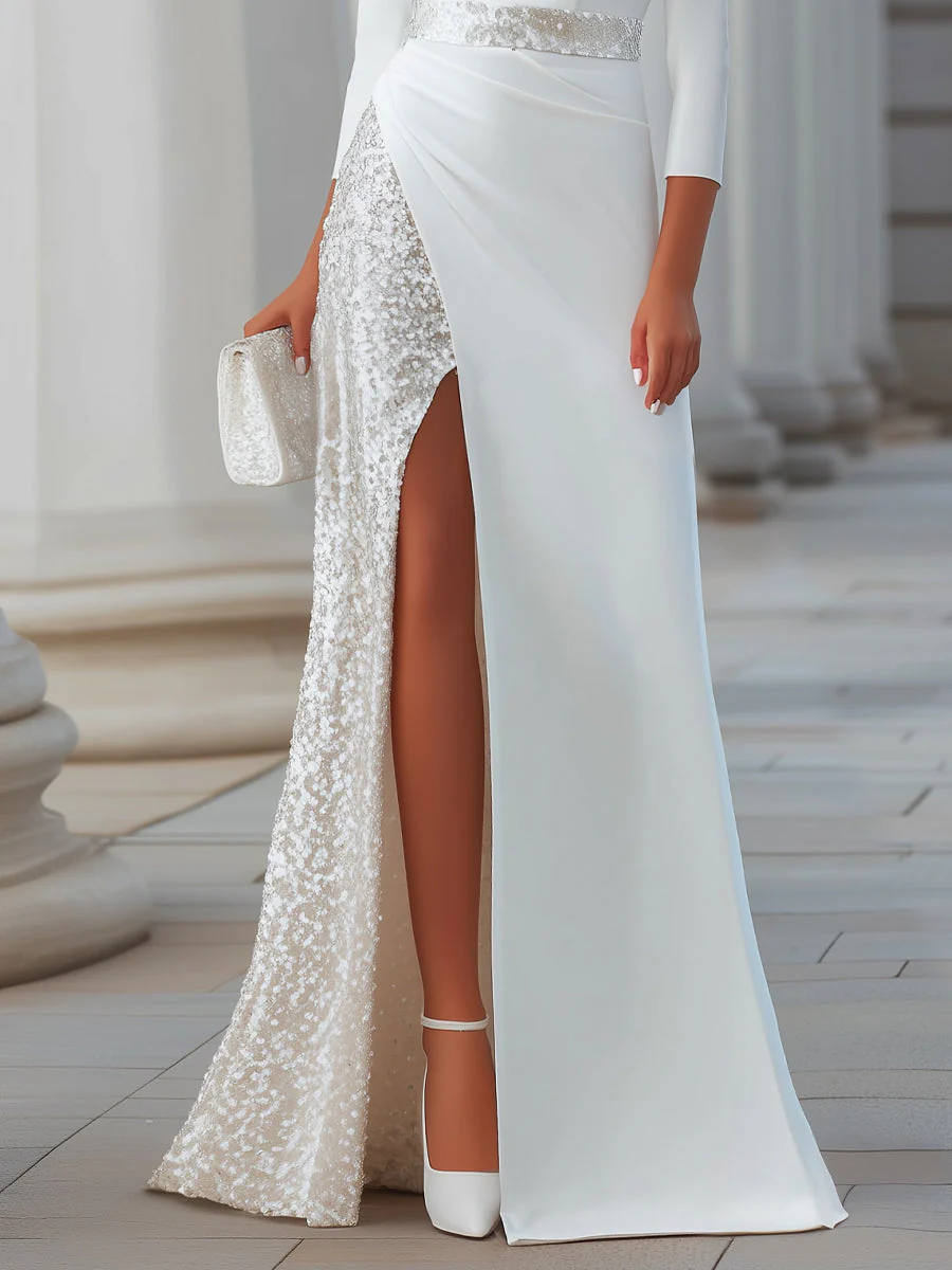 Sequin Contrast Panel Draped Evening Gown - Image 3