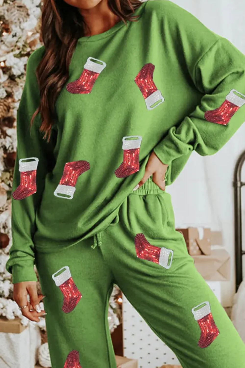 Sequin Socks Round Neck Long Sleeve Top and Pants Lounge Set - Image 3