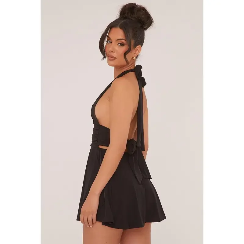 Sexy Halter Deep V-neck Sleeveless Backless Solid Color A- line Skirt - Image 2