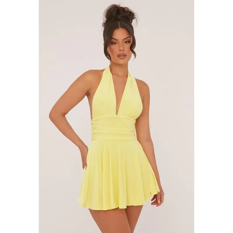 Sexy Halter Deep V-neck Sleeveless Backless Solid Color A- line Skirt - Image 3