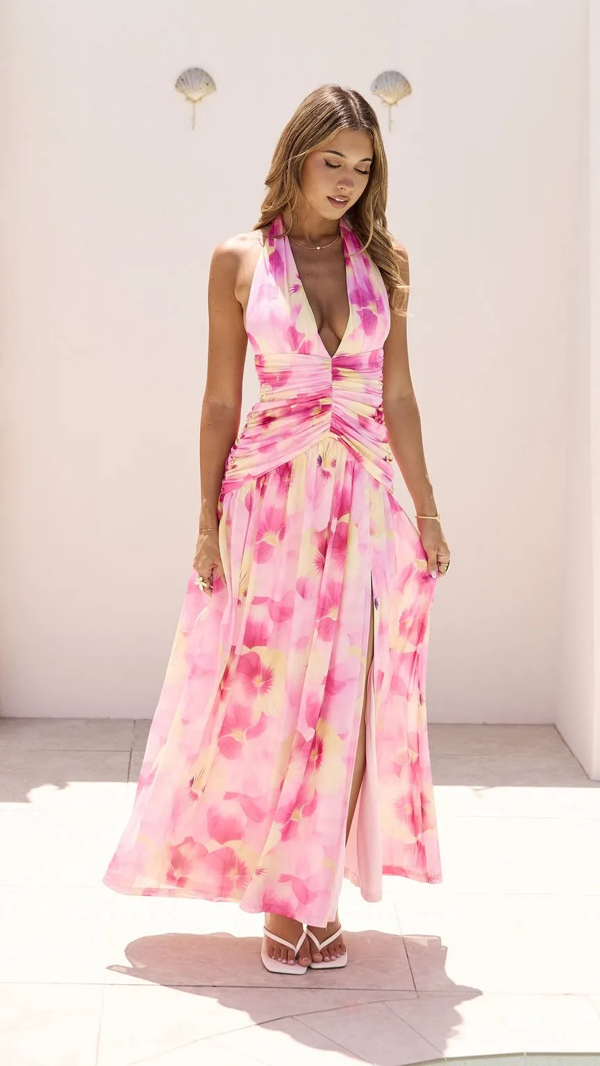 Sexy Halter Deep V Printed Pleated Maxi Dress