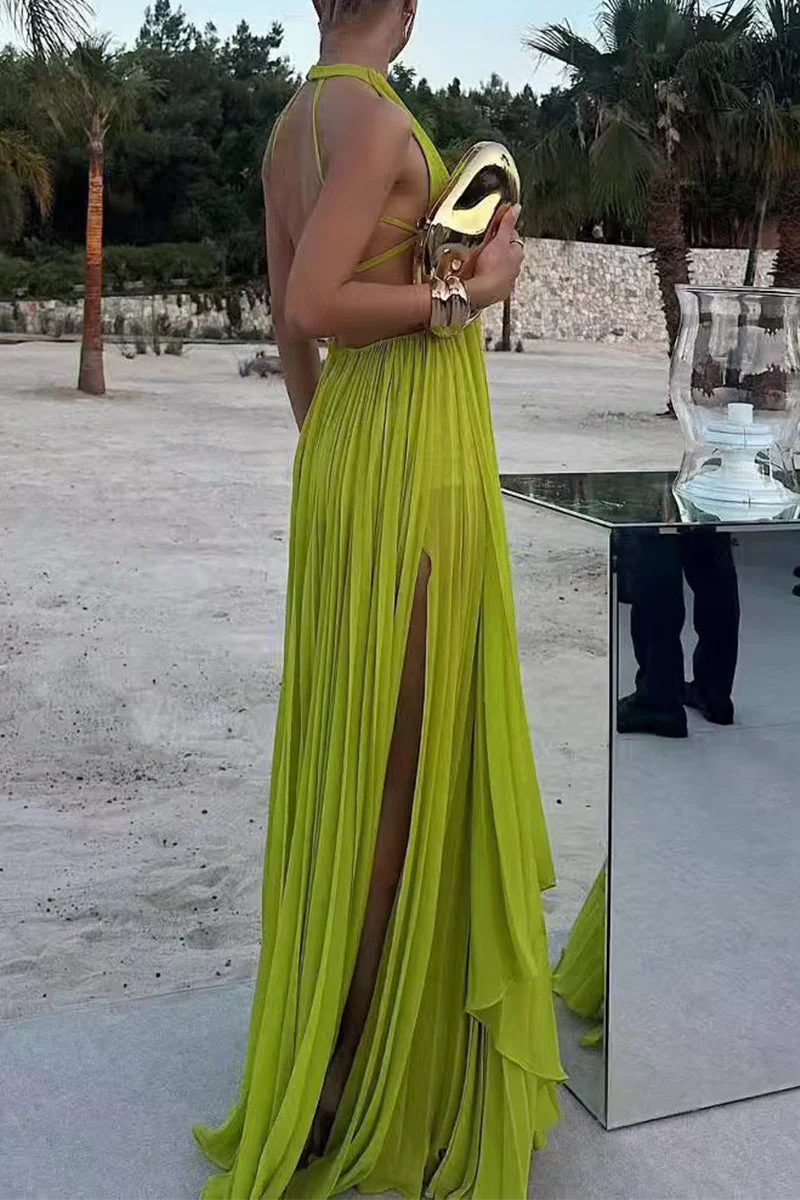 Sexy Backless Slit Pleated Halter Sleeveless Two Pieces - Image 3