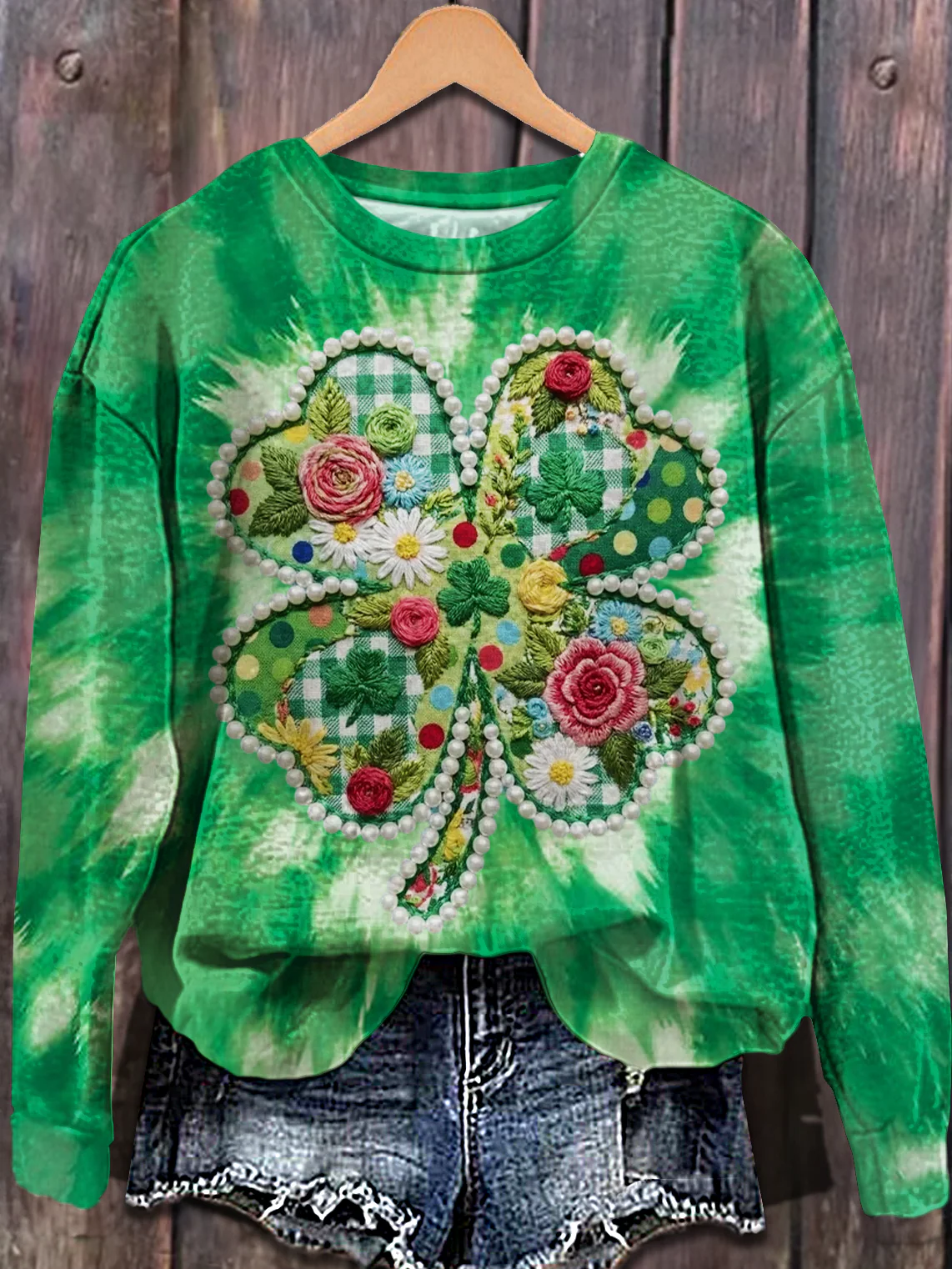 Shamrock Patchwork Pearls Printed Long Sleeve Casual Top